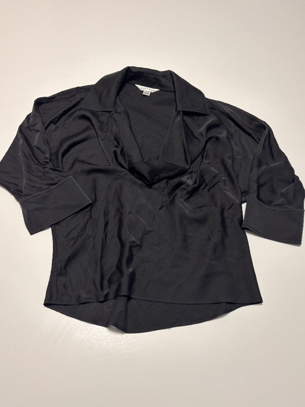 Womens Black St. John 3/4 Sleeve Draped Cowl Neck Silk Blouse Size 2